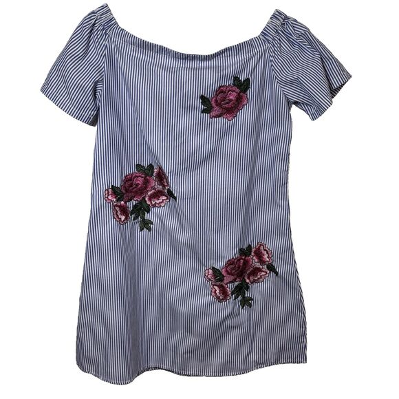 STYLE ENVY OFF THE SHOULDER STRIPED CHAMBRAY DRESS WITH ROSES SIZE MEDIUM - Picture 1 of 11